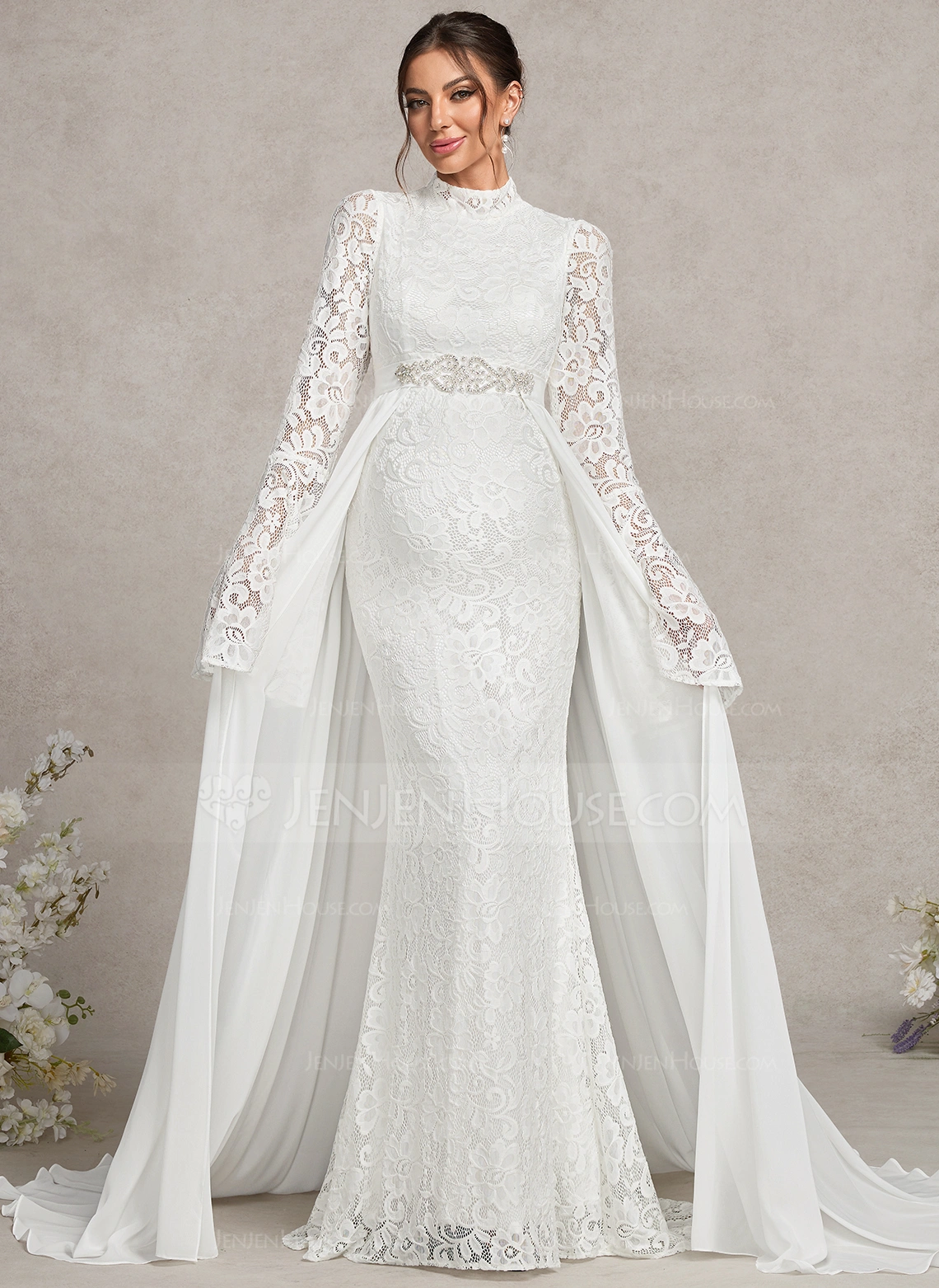 Trumpet/Mermaid High Neck Sweep Train Detachable Chiffon Lace Maternity Dresses With Beading 