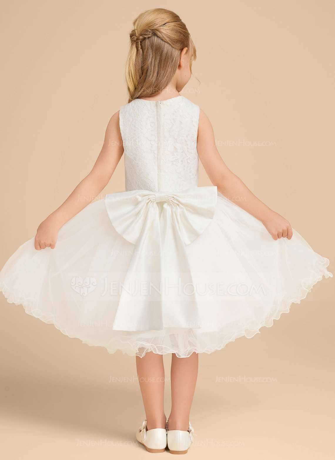 Prinzessin Rundhals Knielang Spitze Satin Tüll Blumenmädchenkleid mit Schleife 