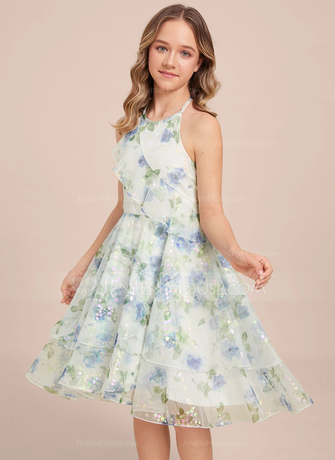 A-Linien-Kleid Neckholder Vokuhila Blumenmuster Kleider für junge Brautjungfern 