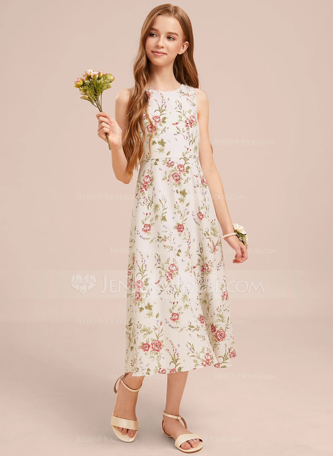 A-line Scoop Tea-Length Floral Junior Bridesmaid Dress 