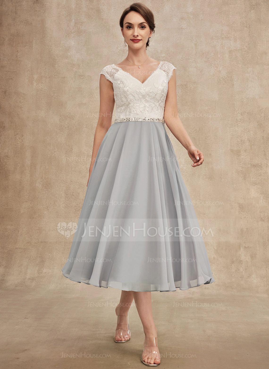 A-Line V-neck Tea-Length Chiffon Lace Mother of the Bride Dress With Beading 