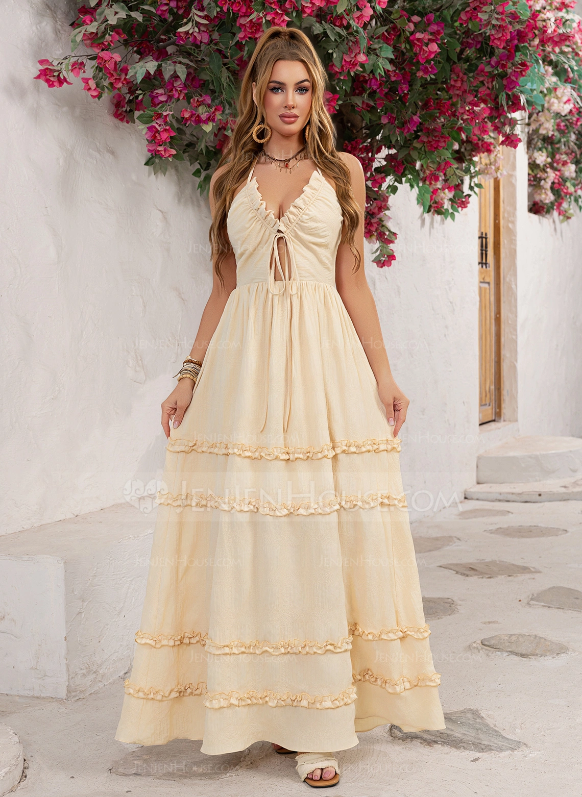 Flæsekanter Halter neck Kjole med A-linje Crepe Maxi Kjole 