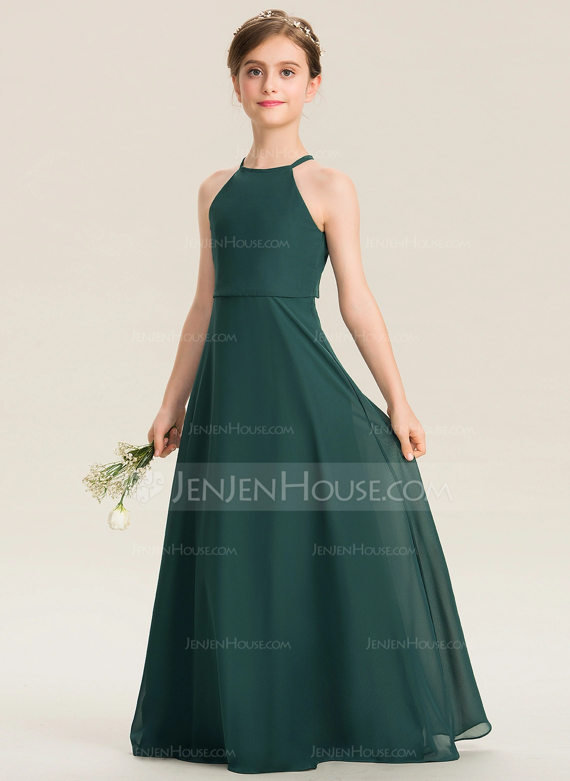 A-line kjole Halterneck Gulvlengde Chiffon Brudepikekjole ungdom 