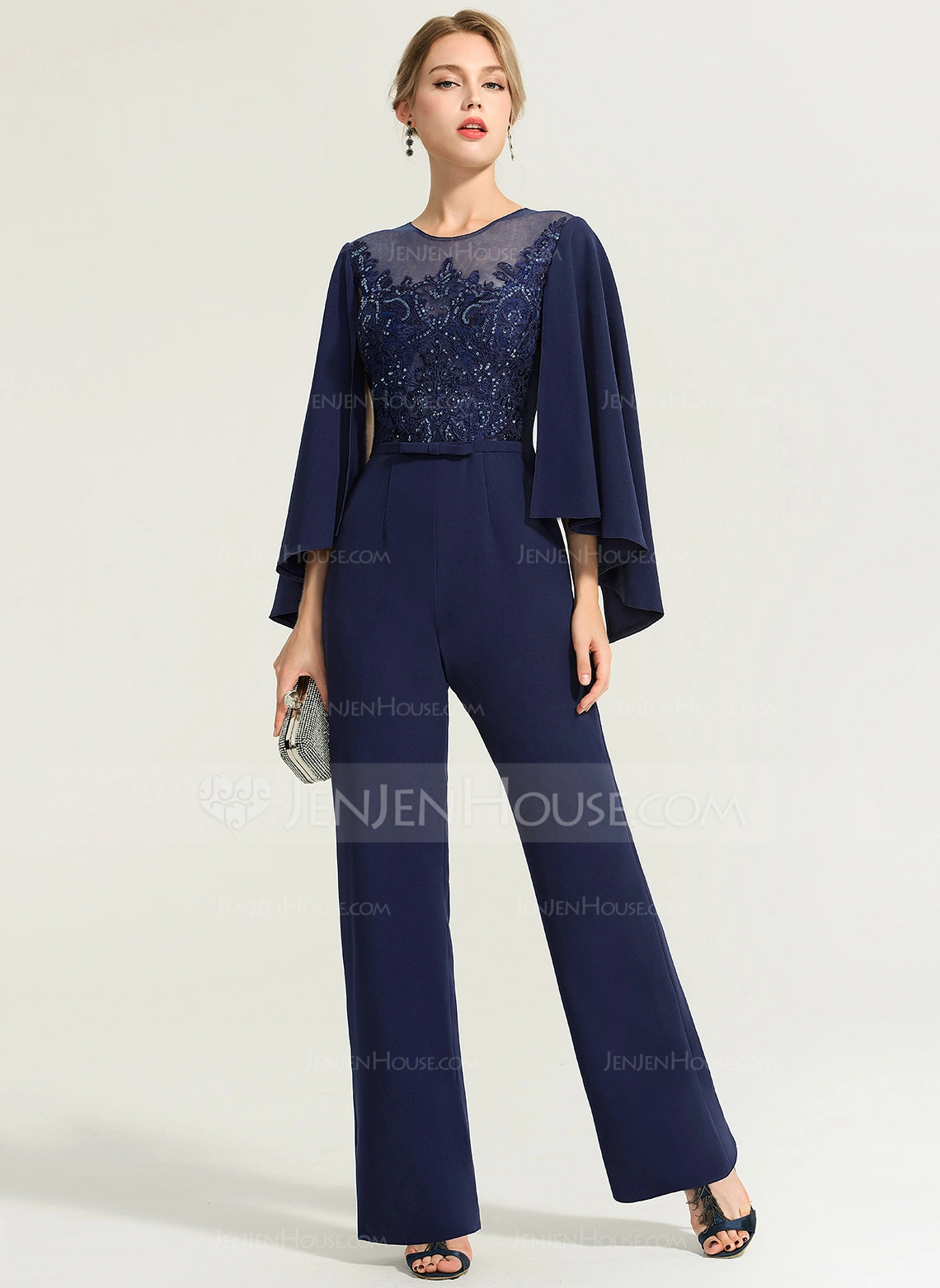 Jumpsuit / Pantsuit Scoop Illusjon Gulvlengde Blonder Strekk-crêpe Festkjole med paljetter Sløyfe (r) 