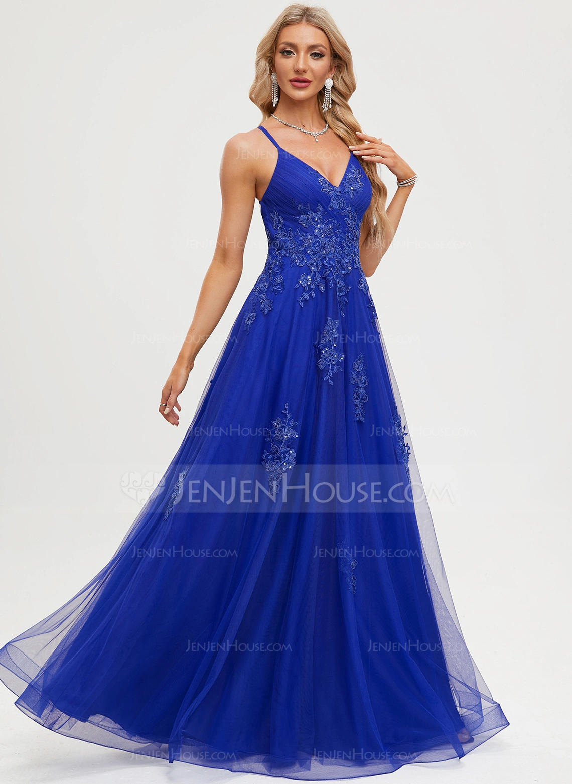 A-line kjole V-hals Gulvlengde Tyll Ballkjole med paljetter 