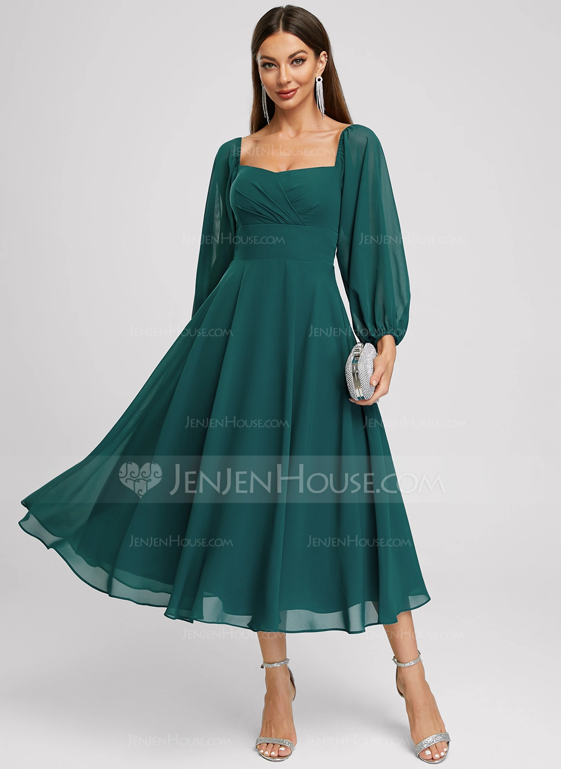 A-line kjole Skulderfri Firkantet hals Te-lengde Chiffon Cocktailkjole 