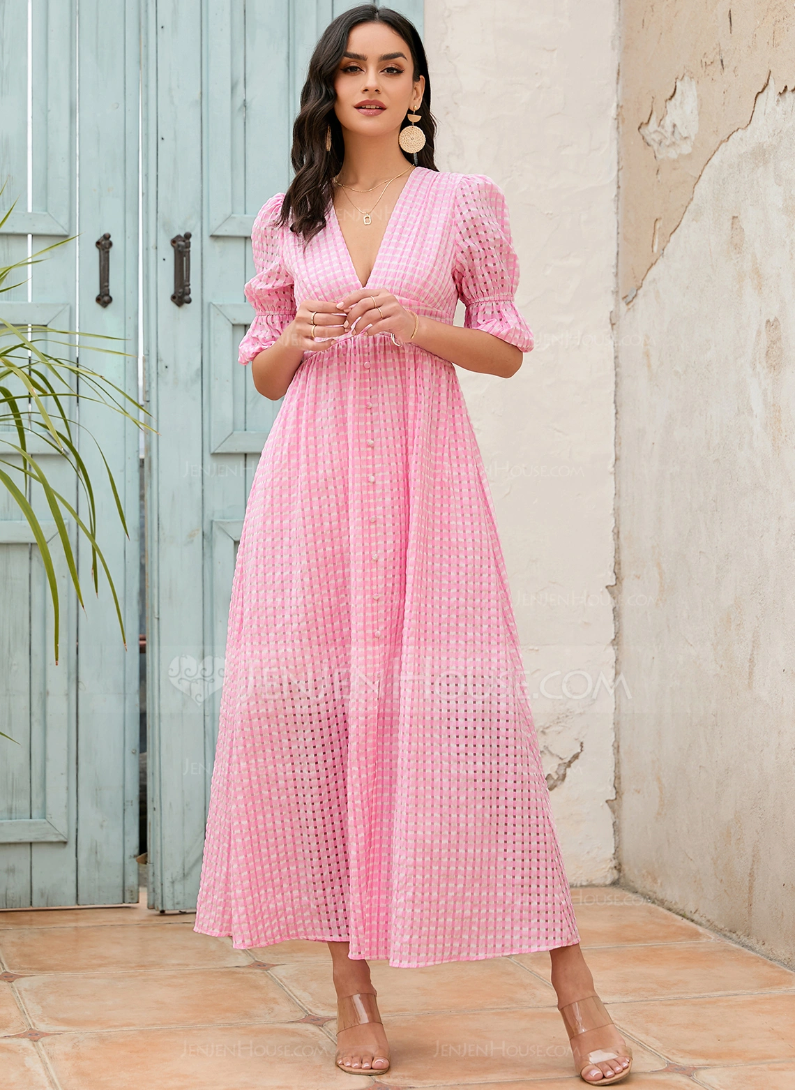 V-hals 1/2-ermer Avslappet A-line kjole Polyester Midi Motekjoler 