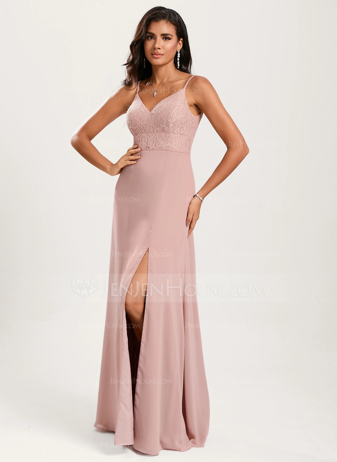A-line V-Neck Floor-Length Lace Chiffon Bridesmaid Dress 