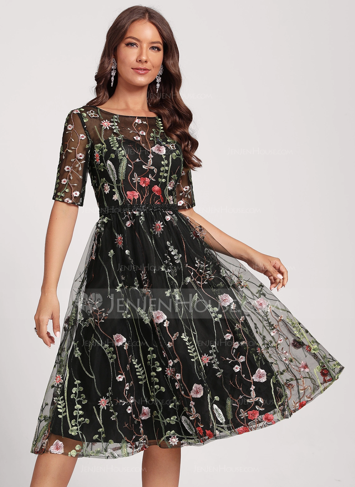 A-line kjole Scoop Knelengde Floral Blonder Cocktailkjole 