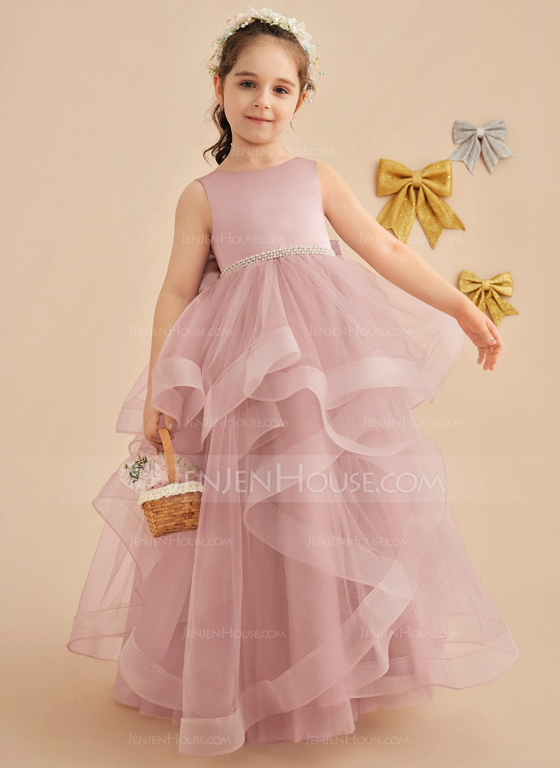 Tanssiaismekot/prinsessa pyöreä kaula-aukko lattiaa hipova pituus satiini tylli kukka tyttö mekot jossa keula satiininauhavöitä helmikoristelu 