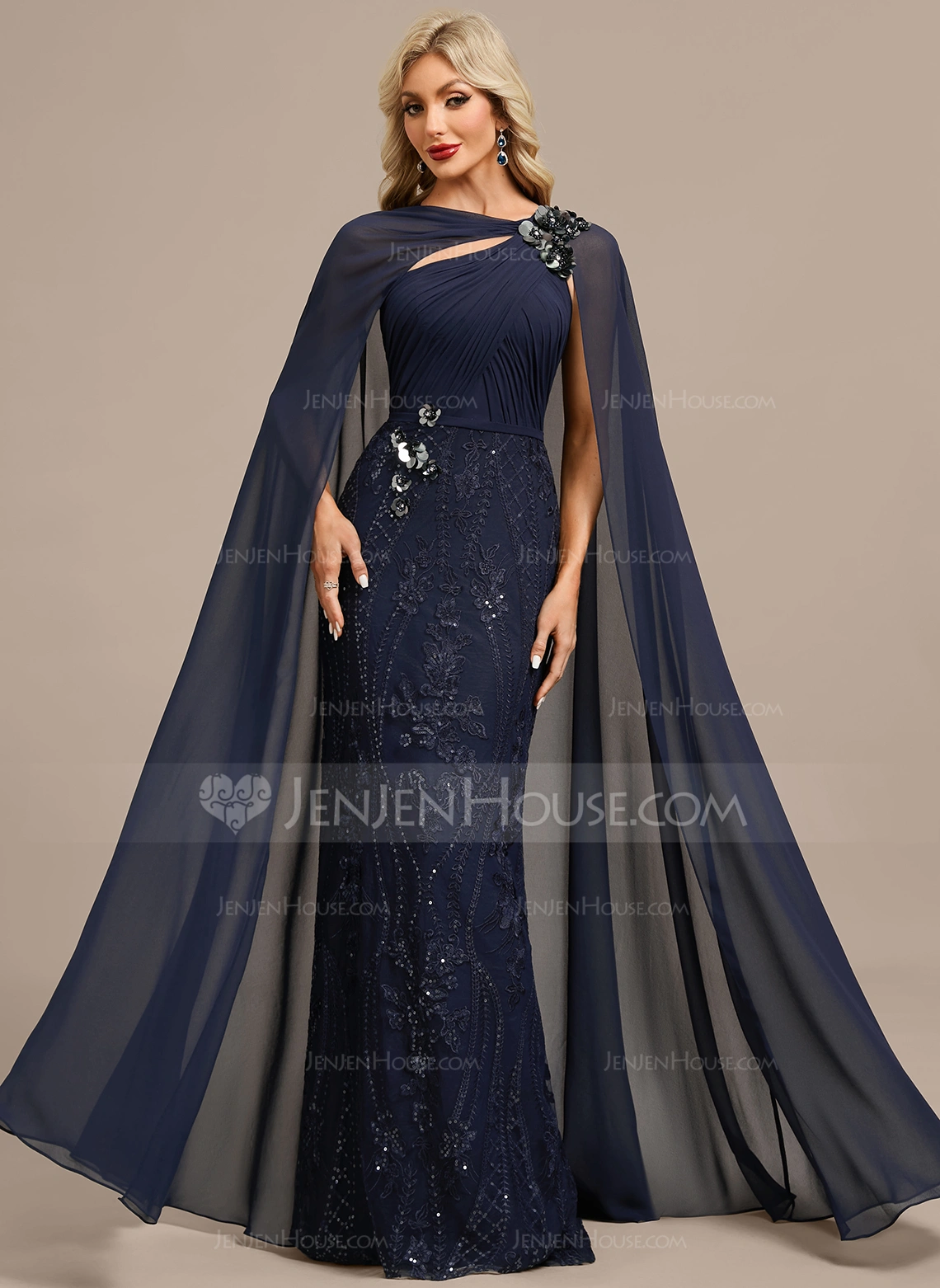 Sheath/Column Boat Neck Floor-Length Lace Chiffon Evening Dress With Cape Sequins Pleated 