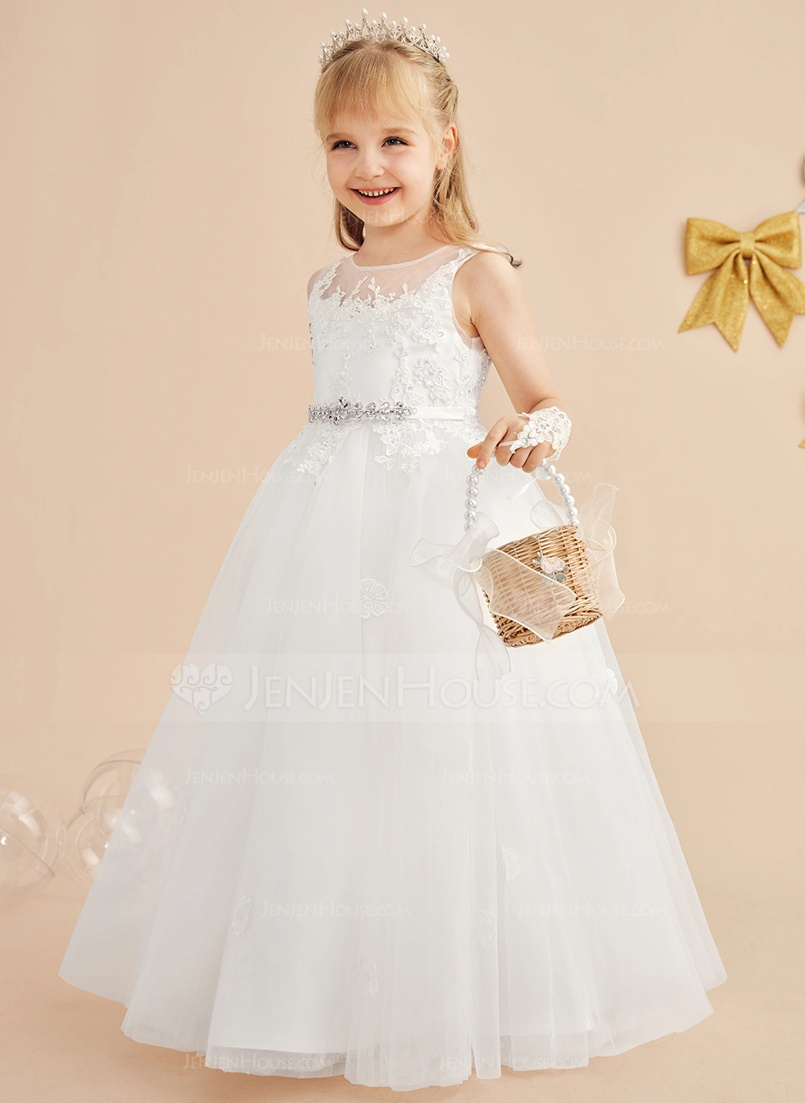 A-Linien-Kleid Rundhals Bodenlang Spitze Tüll Blumenmädchenkleid 