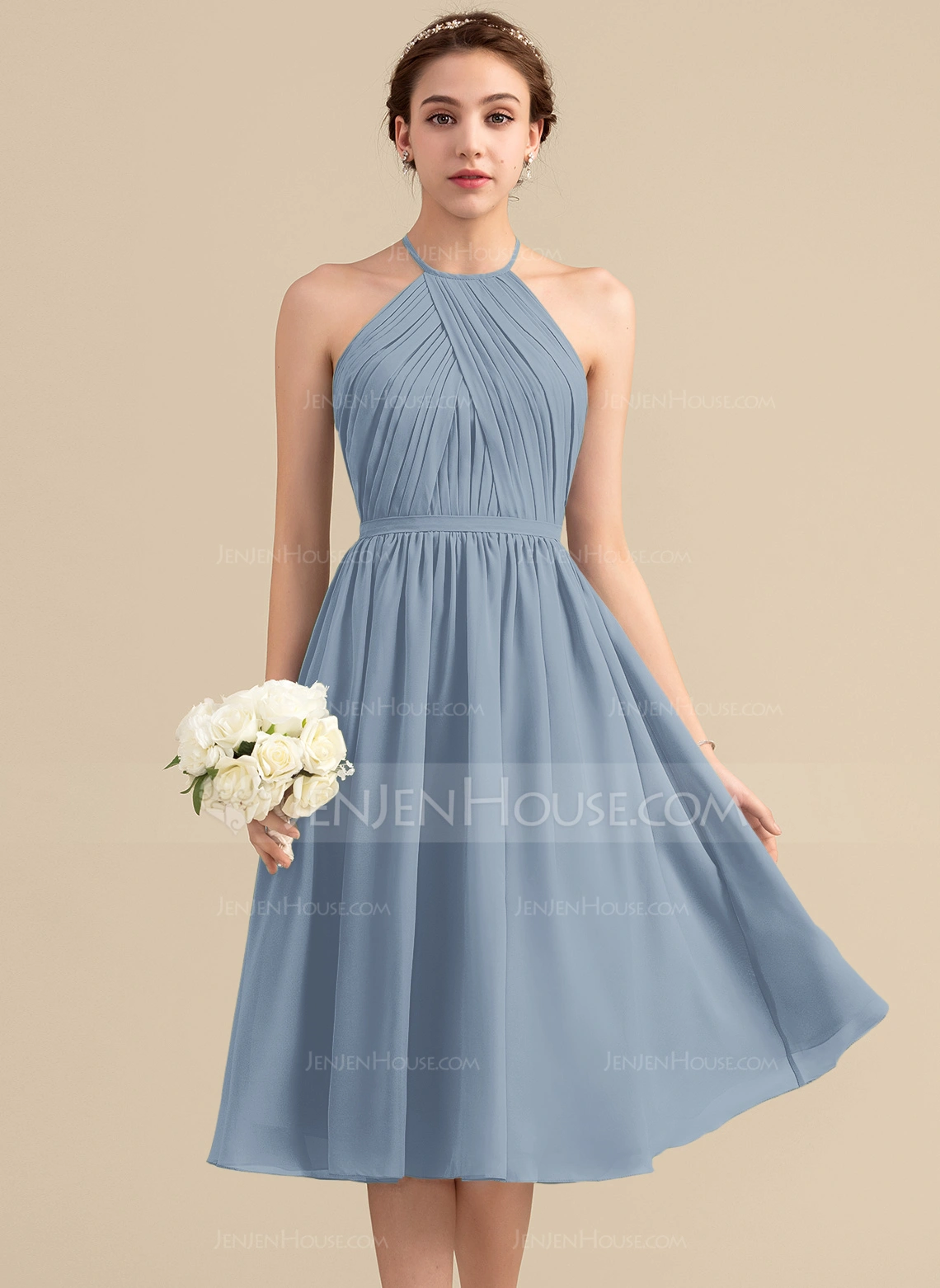 A-line kjole Scoop Knelengde Chiffong Brudepikekjole med Frynse 