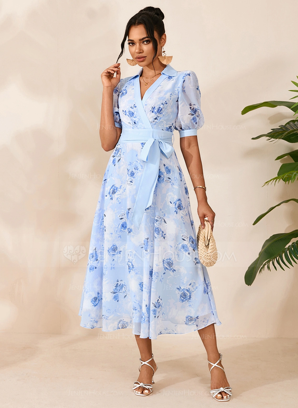 Floral Print Collared Short Sleeve A-line Printed Fabric Midi Dress 