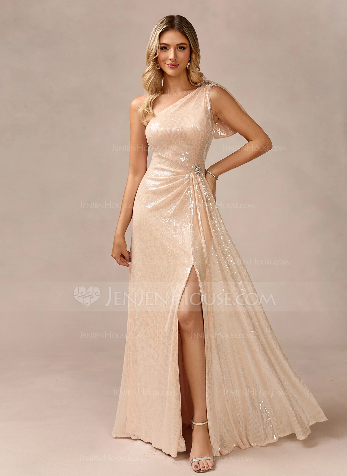 Sheath/Column One Shoulder Floor-Length Sequin Evening Dress With Crystal Brooch 