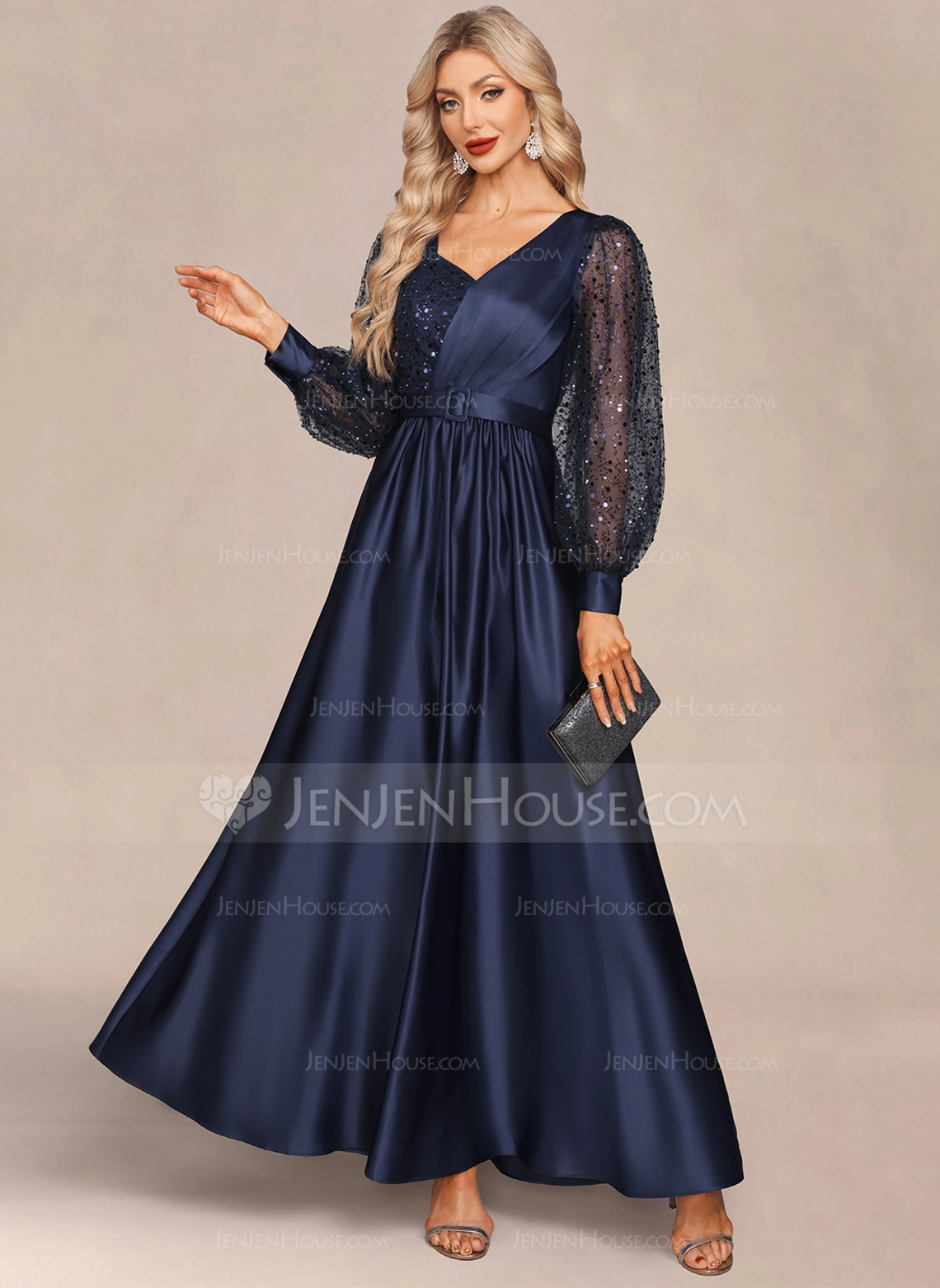 A-line V-Neck Floor-Length Tulle Sequin Satin Evening Dress 