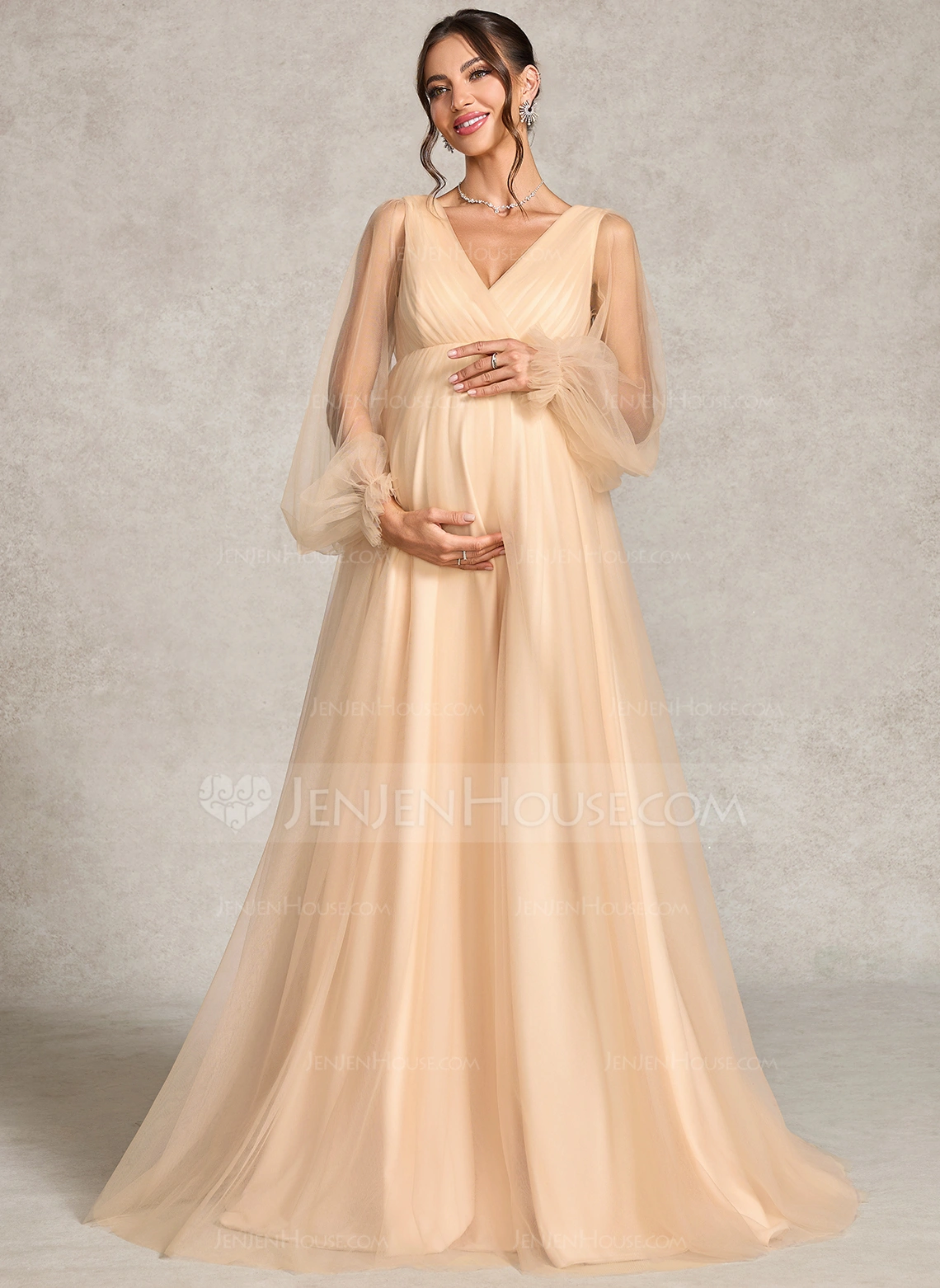 A-line V-Neck Sweep Train Tulle Maternity Dresses With Pleated 