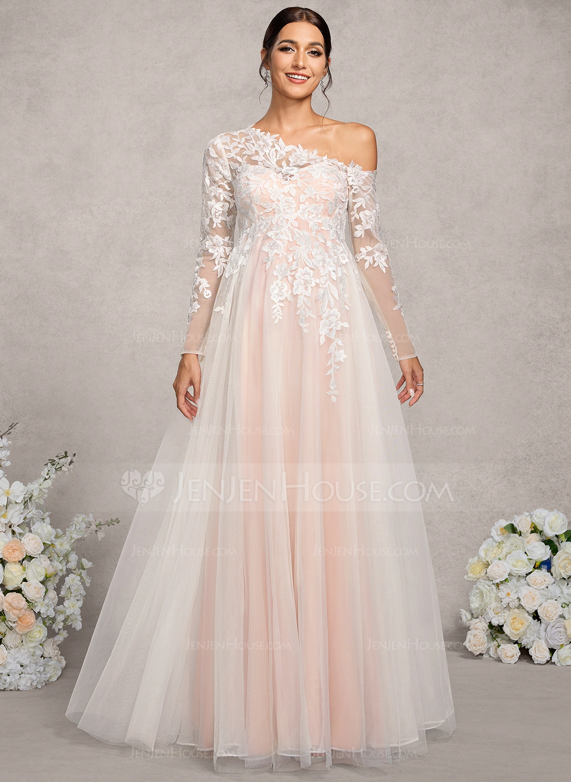 A-line Asymmetrical Floor-Length Tulle Lace Maternity Dresses 