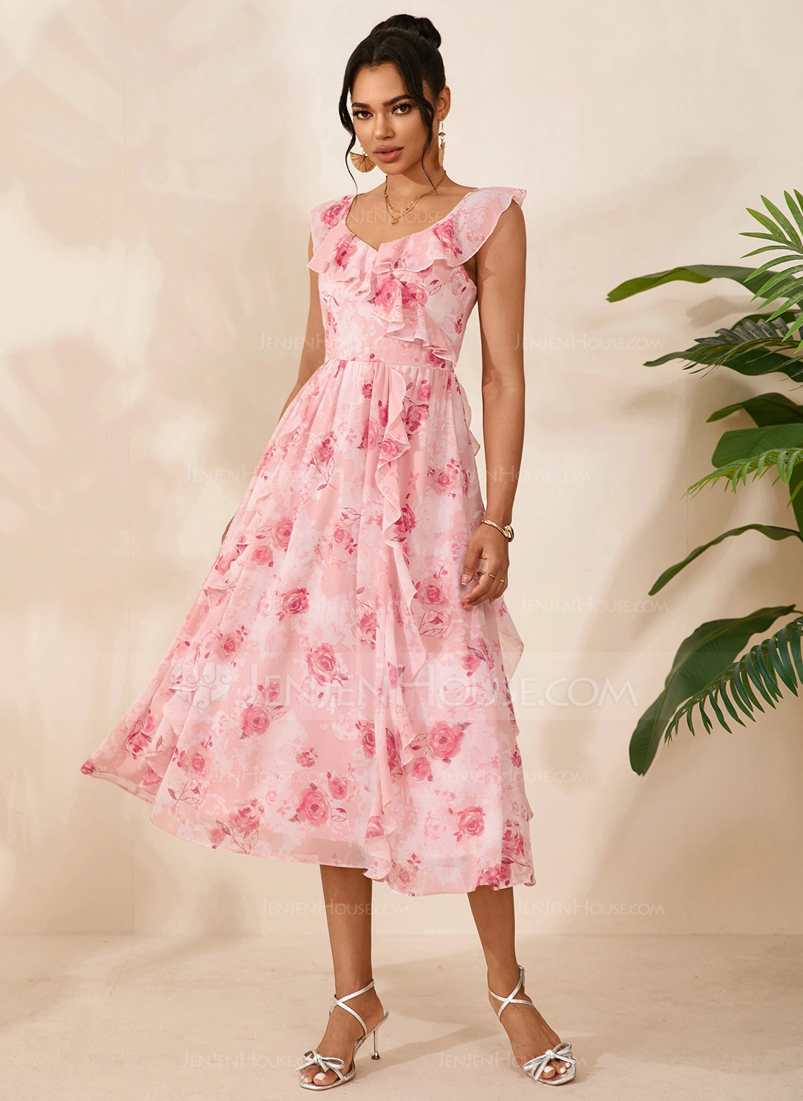 Cascading Ruffles Floral Print Sweetheart Flutter Sleeve A-line Chiffon Midi Dress 