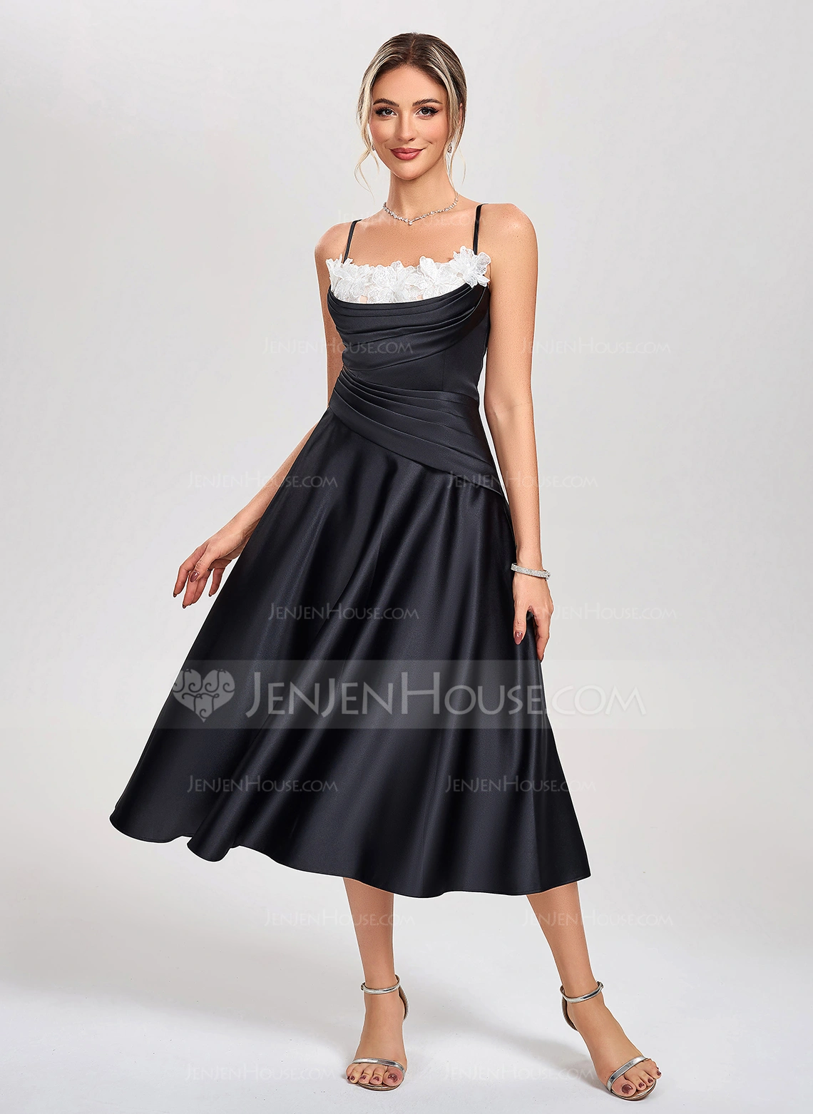 A-line Square Tea-Length Satin Cocktail Dress With Pleated 3D Floral 