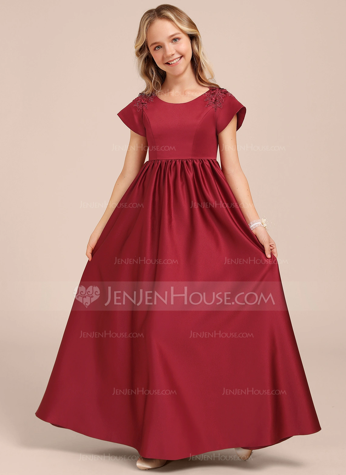 A-line Scoop Floor-Length Satin Junior Bridesmaid Dress 
