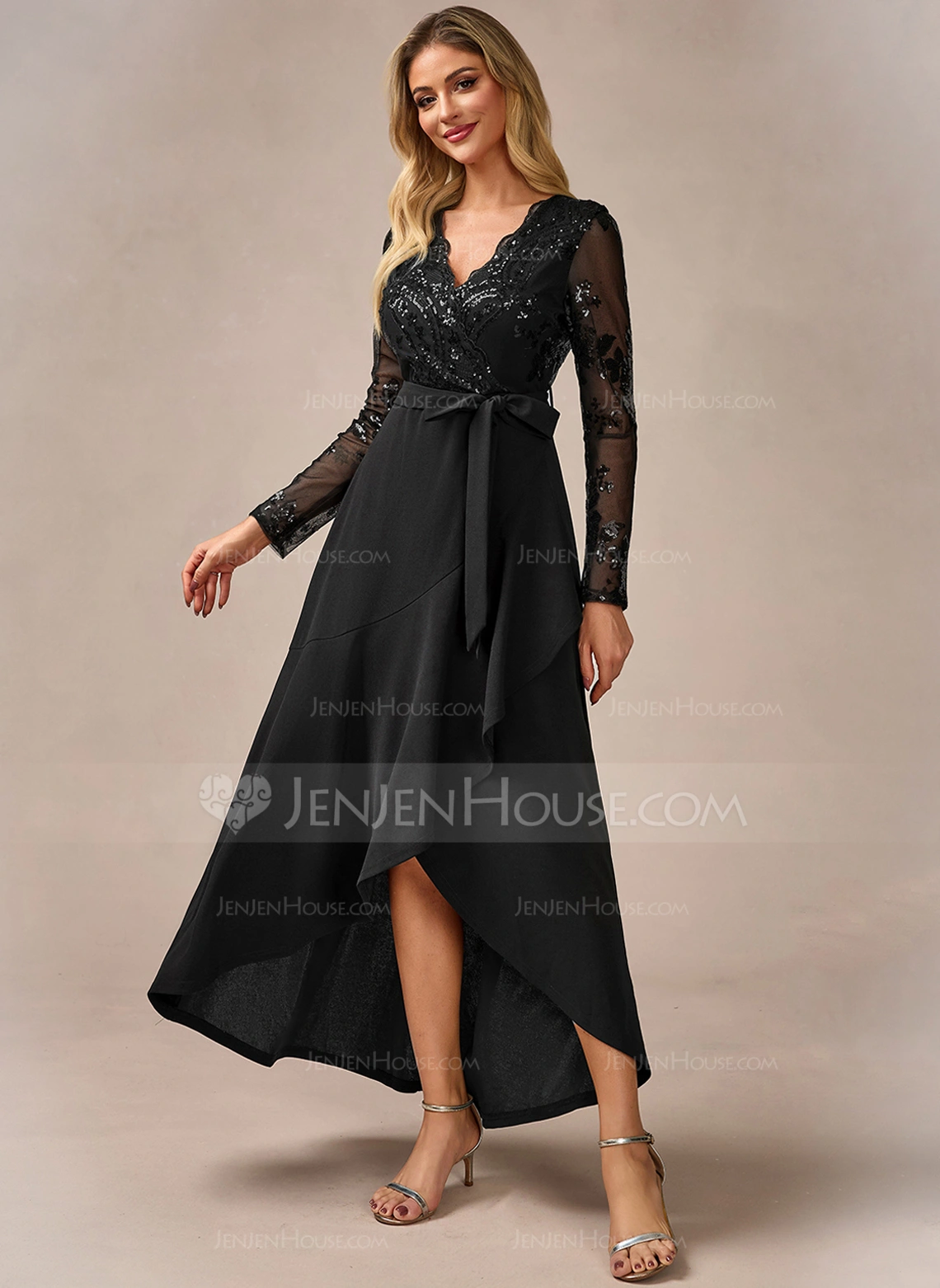 Sequins V-Neck Long Sleeve A-line Stretch Crepe Sequin Asymmetrical Maxi Dress 