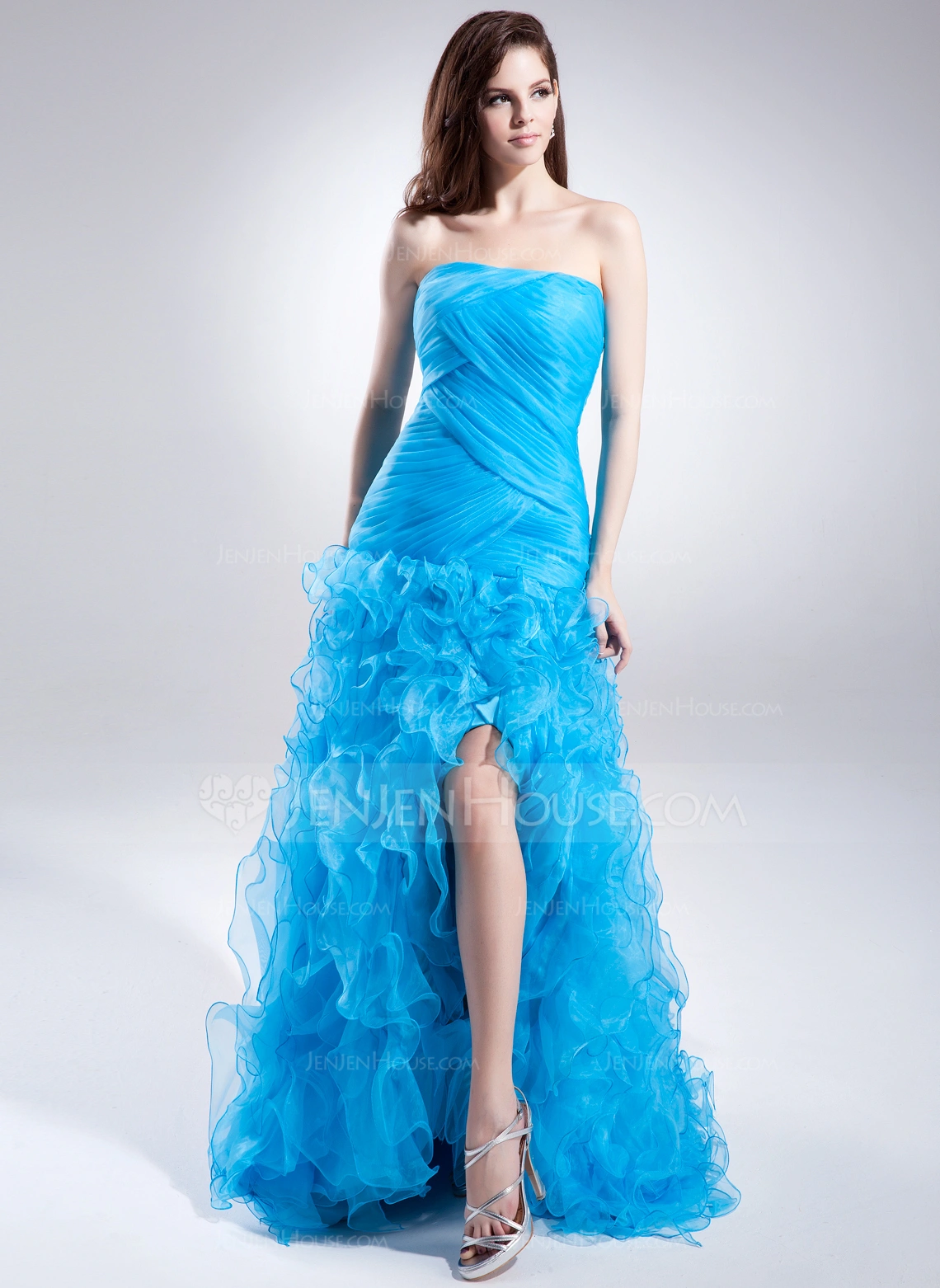 A-Line/Princess Strapless Sweep Train Organza Prom Dresses With Split Front Cascading Ruffles 
