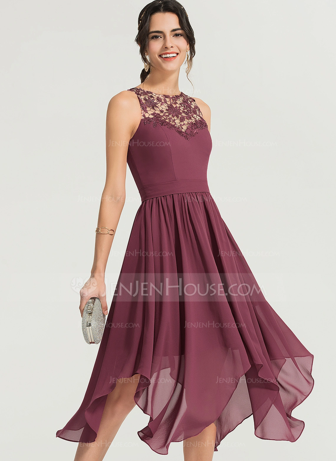 A-line Scoop Asymmetrical Chiffon Lace Cocktail Dress 