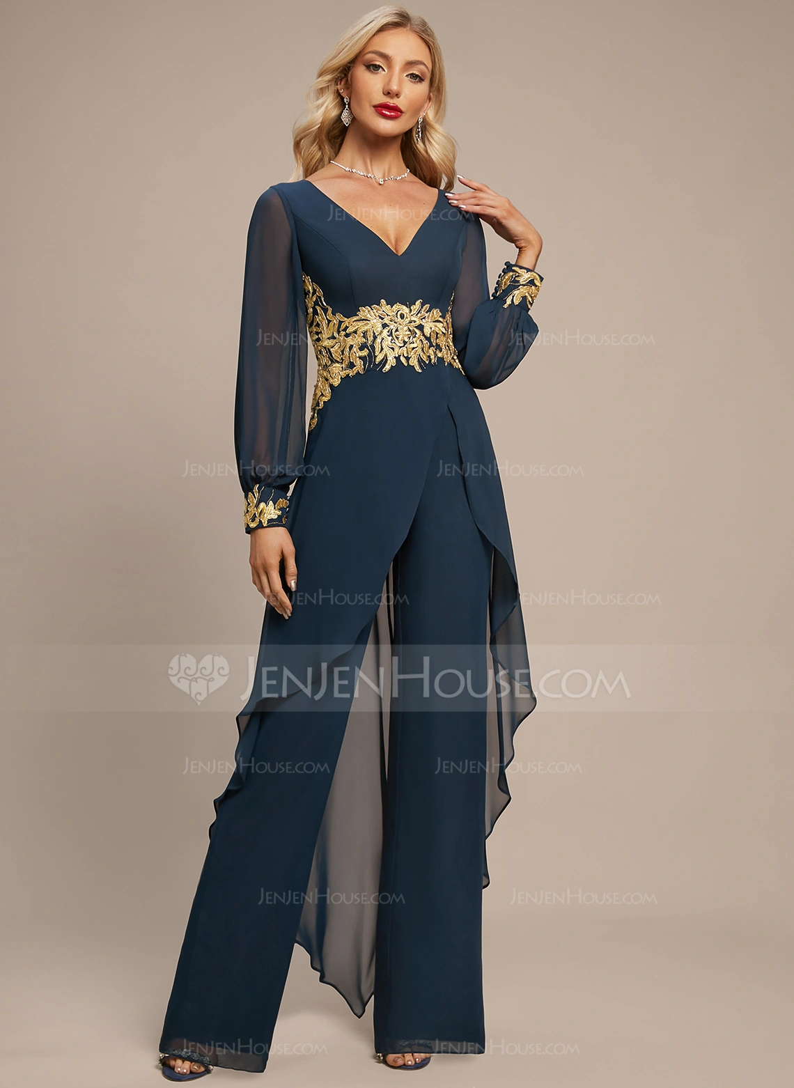 Jumpsuits V-hals Gulvlengde Chiffon Festkjole med Overskjørt Applikasjoner Blonder 