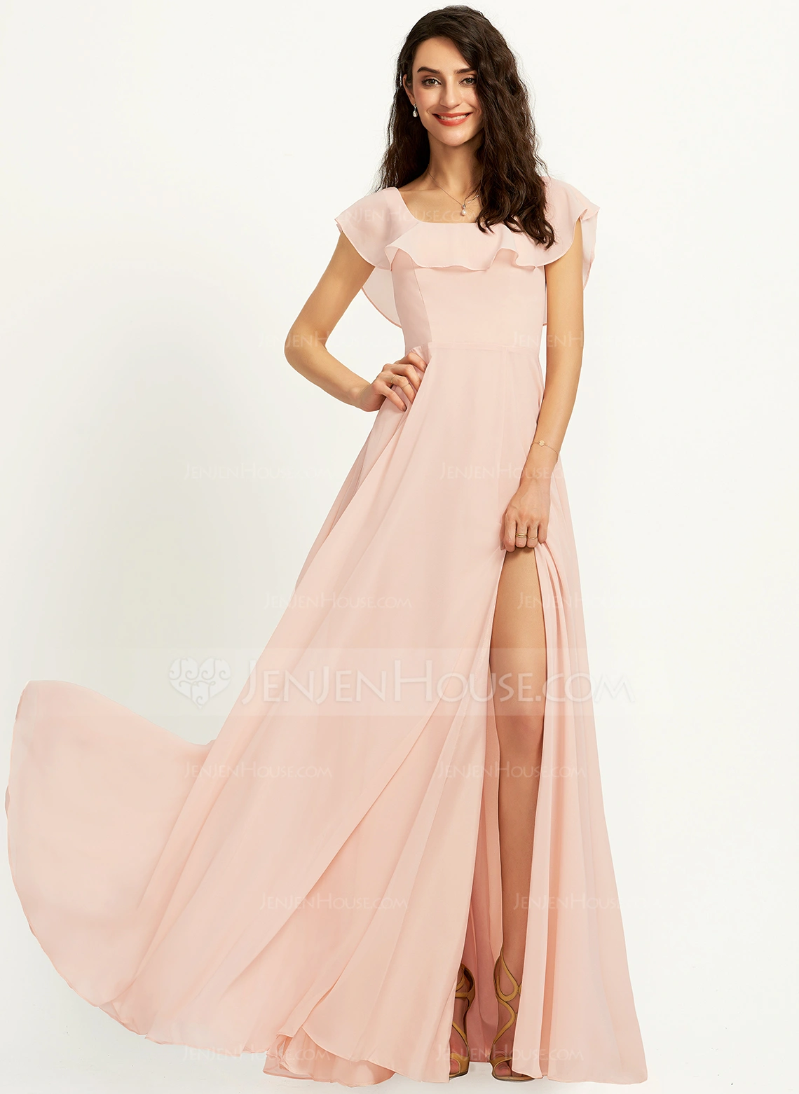 A-Line Square Neckline Floor-Length Bridesmaid Dress With Split Front 