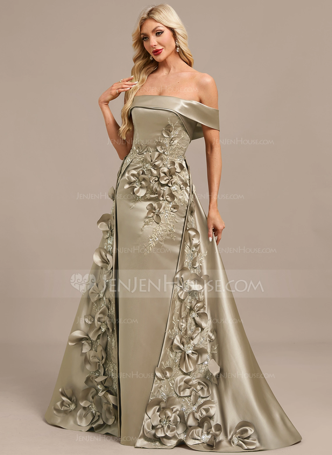 Sheath/Column Off the Shoulder Detachable Floor-Length Satin Evening Dress With Beading Overskirt 3D Floral Sequins Appliques Lace 