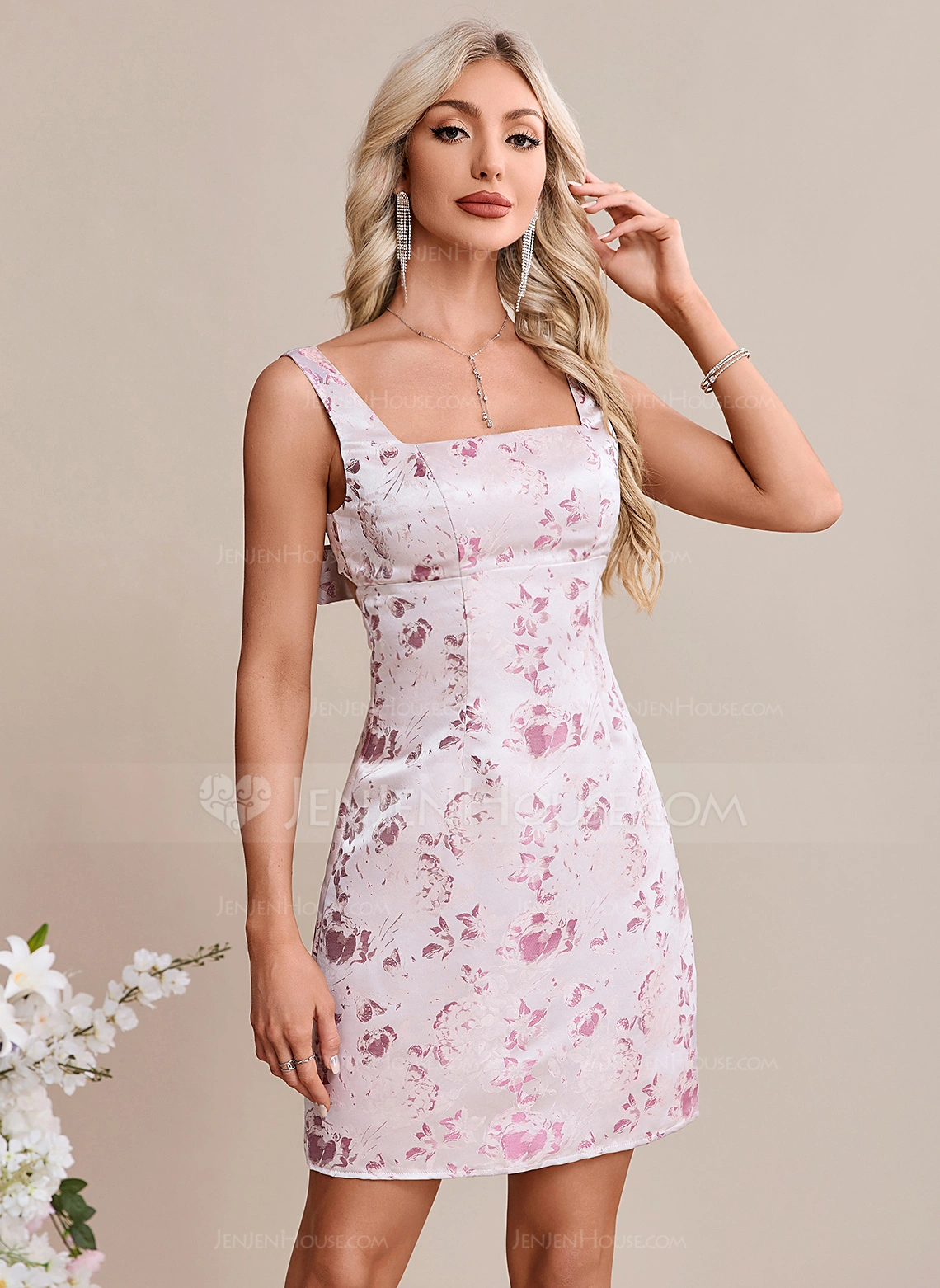 Bow Square Sleeveless A-line Jacquard Mini Dress 