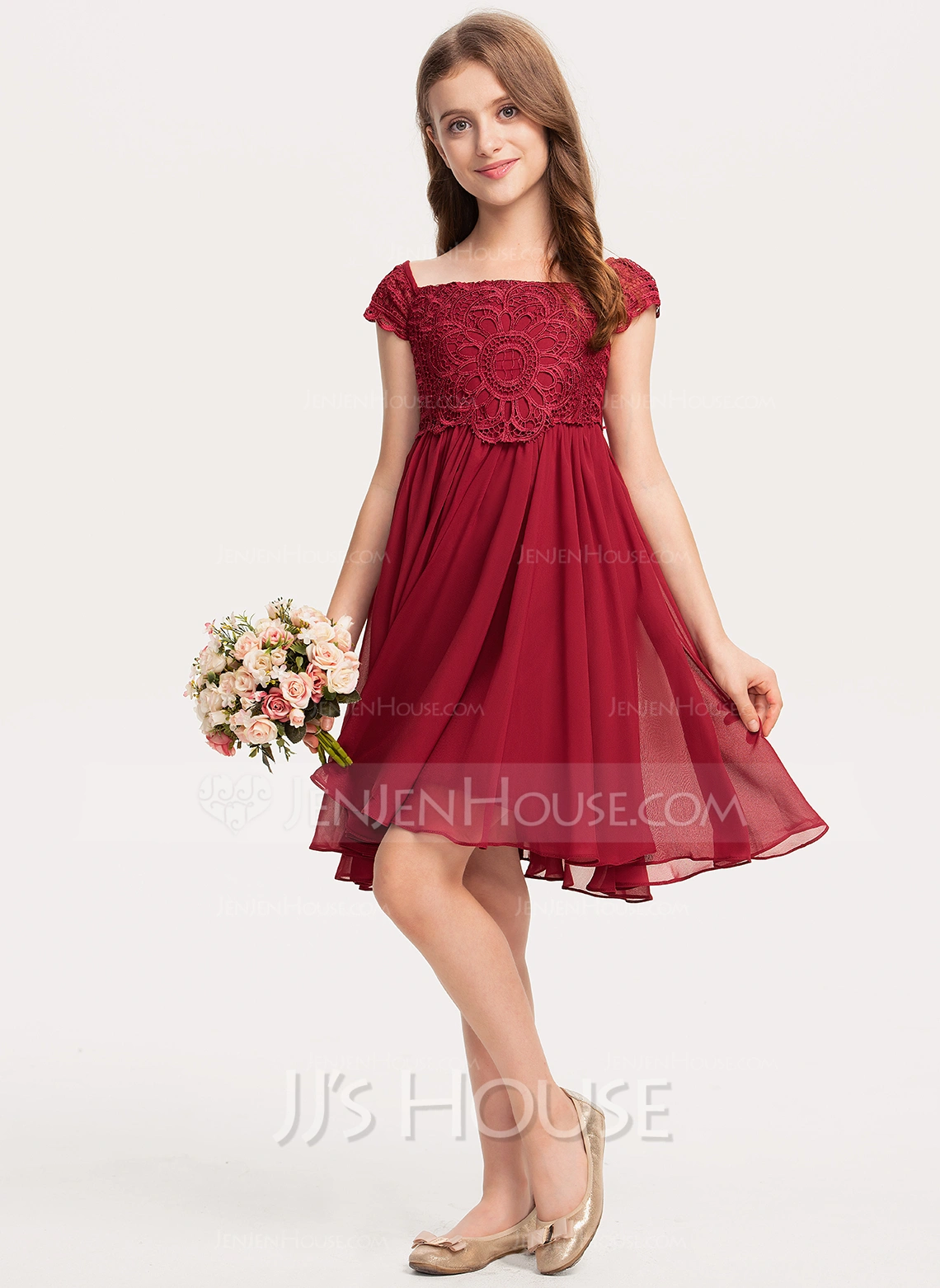 A-line kjole Firkantet hals Knelengde Chiffon Brudepikekjole barn 