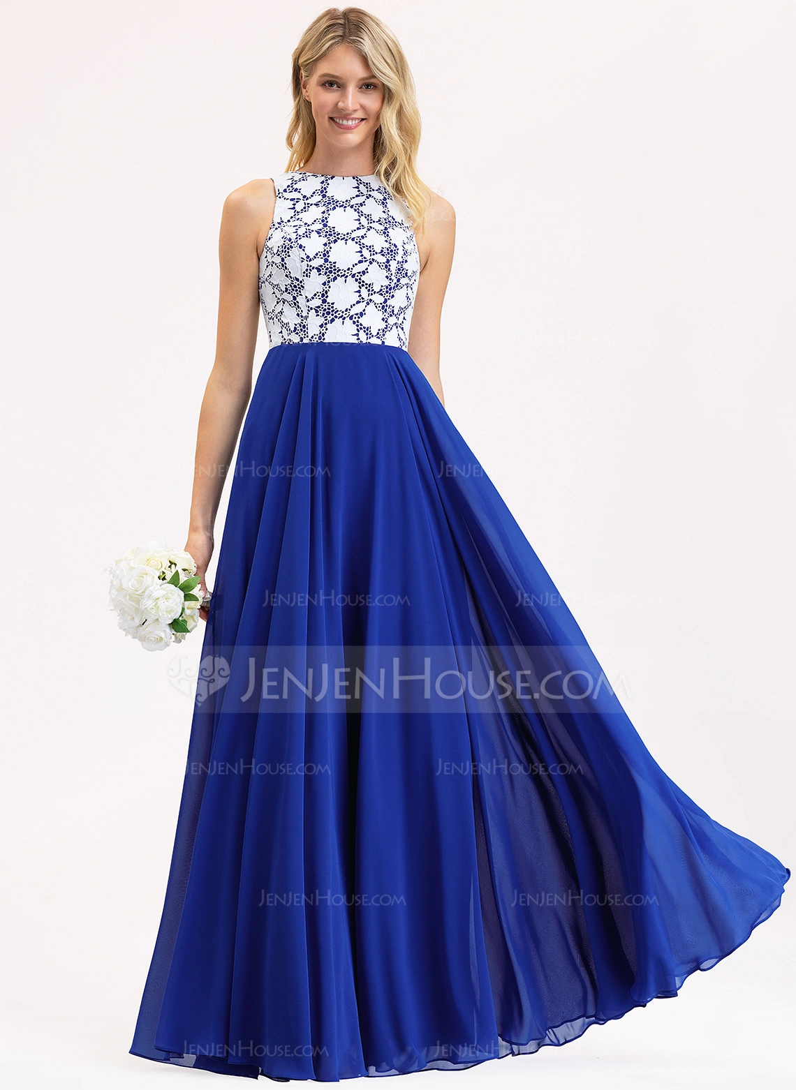 A-Line Scoop Neck Floor-Length Chiffon Lace Bridesmaid Dress 
