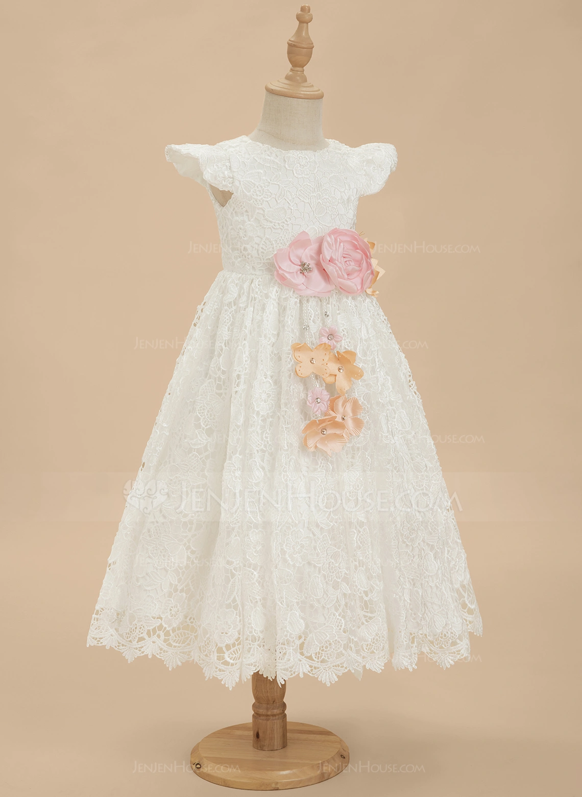 A-line Scoop Tea-Length Lace Lining 100% Cotton Flower Girl Dress With 3D Floral 