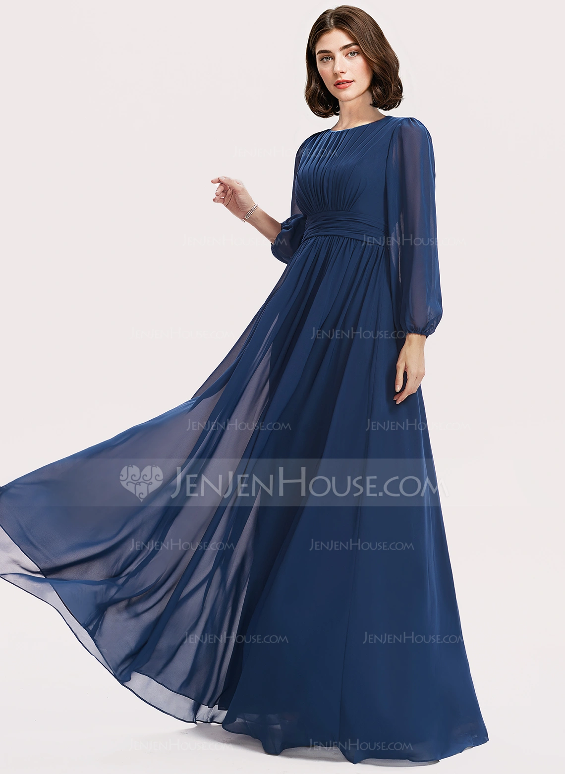 A-Linien-Kleid Rundhals Bodenlang Chiffon Brautjungfernkleid mit Rüschen 