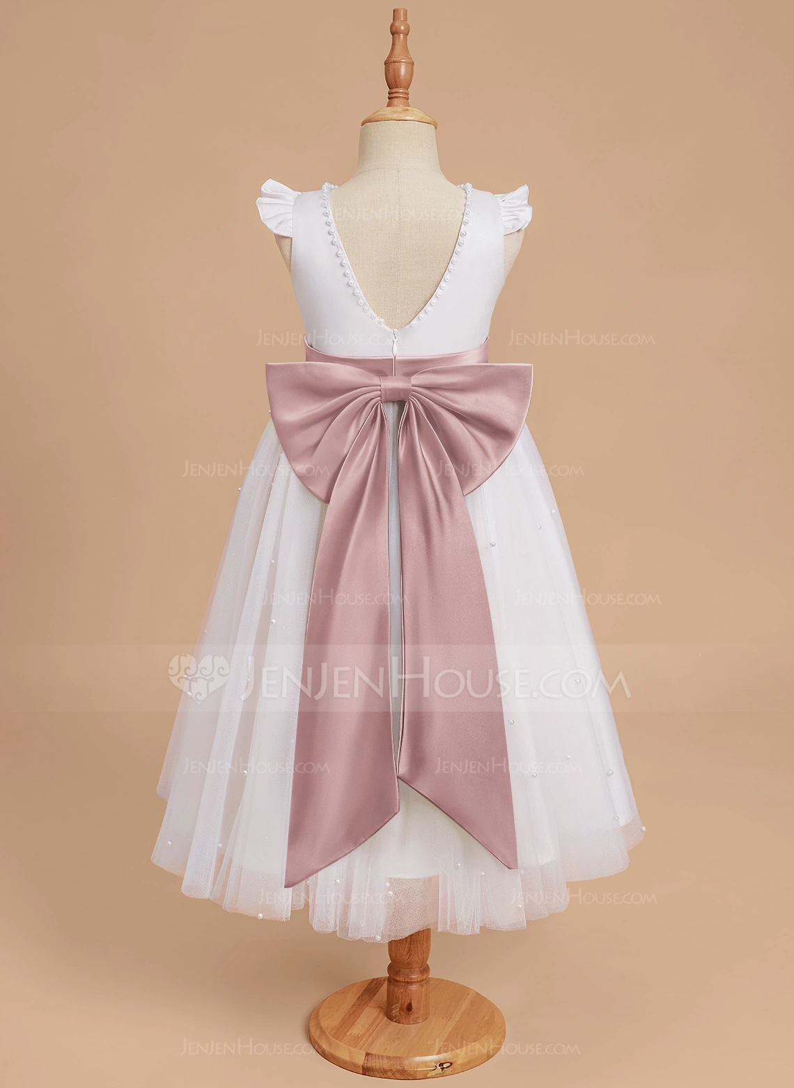 A-line Scoop Tea-Length Satin Flower Girl Dress With Beading Sash 