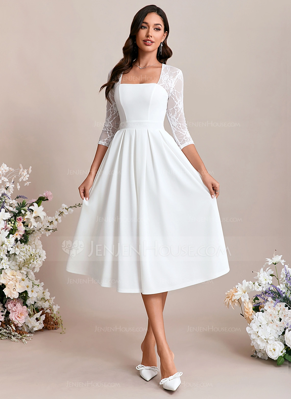 A-line Square Tea-Length Lace Stretch Crepe Wedding Dress 