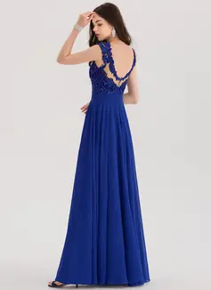 A-Line Scoop Neck Floor-Length Chiffon Prom Dresses With Beading Sequins Split Front 