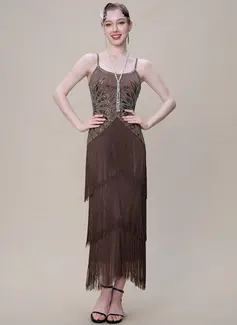Off the Shoulder Multi-Layered Fringe Geometric Fan 1920s Evening Dress 