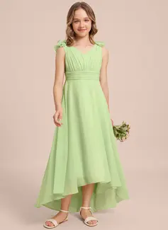A-line V-Neck Asymmetrical Chiffon Junior Bridesmaid Dress 