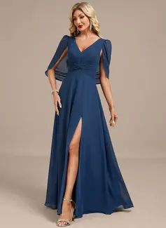 A-line V-Neck Floor-Length Chiffon Evening Dress With Cape Pleated 
