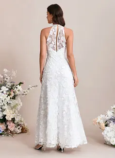 Embroidered Sequins Halter Sleeveless A-line Lace Maxi Dress 