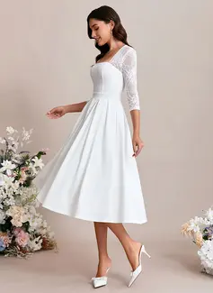 A-line Square Tea-Length Lace Stretch Crepe Wedding Dress 