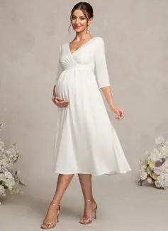 A-line V-Neck Knee-Length Jersey Maternity Dresses With Bow Pleated 