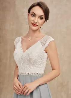 A-Line V-neck Tea-Length Chiffon Lace Mother of the Bride Dress With Beading 
