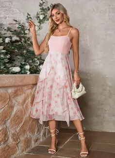 Ruffle Floral Print Square A-line Chiffon Stretch Crepe Midi Dress 