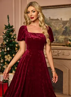 Jacquard Square Short Sleeve A-line Velvet Midi Dress 