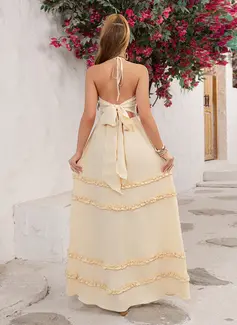 Flæsekanter Halter neck Kjole med A-linje Crepe Maxi Kjole 