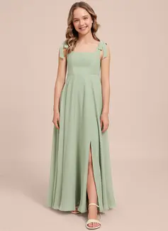 A-line Square Floor-Length Chiffon Junior Bridesmaid Dress With Bow 